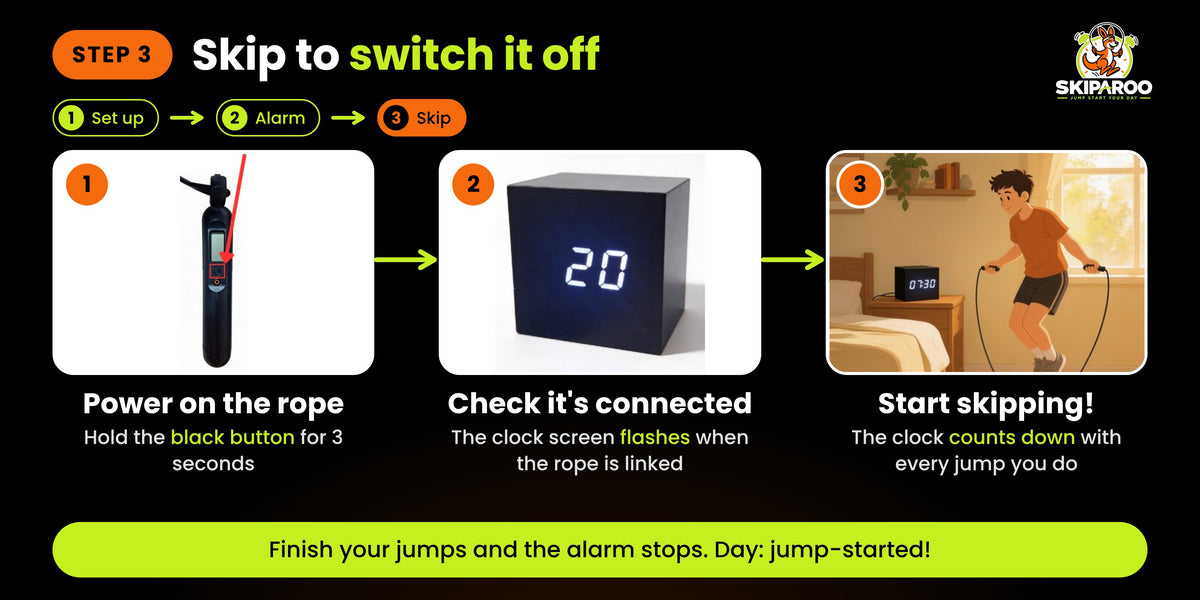 Step 3: Hold the rope's black button for three seconds. The clock flashes when connected and counts down each jump. Complete the target to stop the alarm.