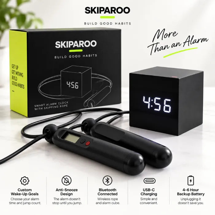 Skiparoo alarm clock, skipping rope, and product packaging